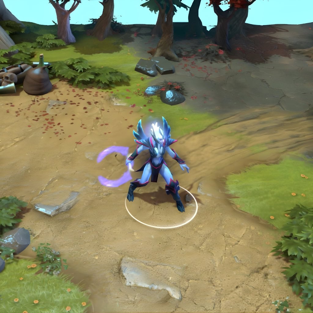 A gameplay screenshot of Vengeful Spirit's default model in Dota 2. This serves as a baseline to contrast with the unforgettable and aggressive silhouette of the rare Echoes of the Eyrie set from The International 2015 Collector's Cache.