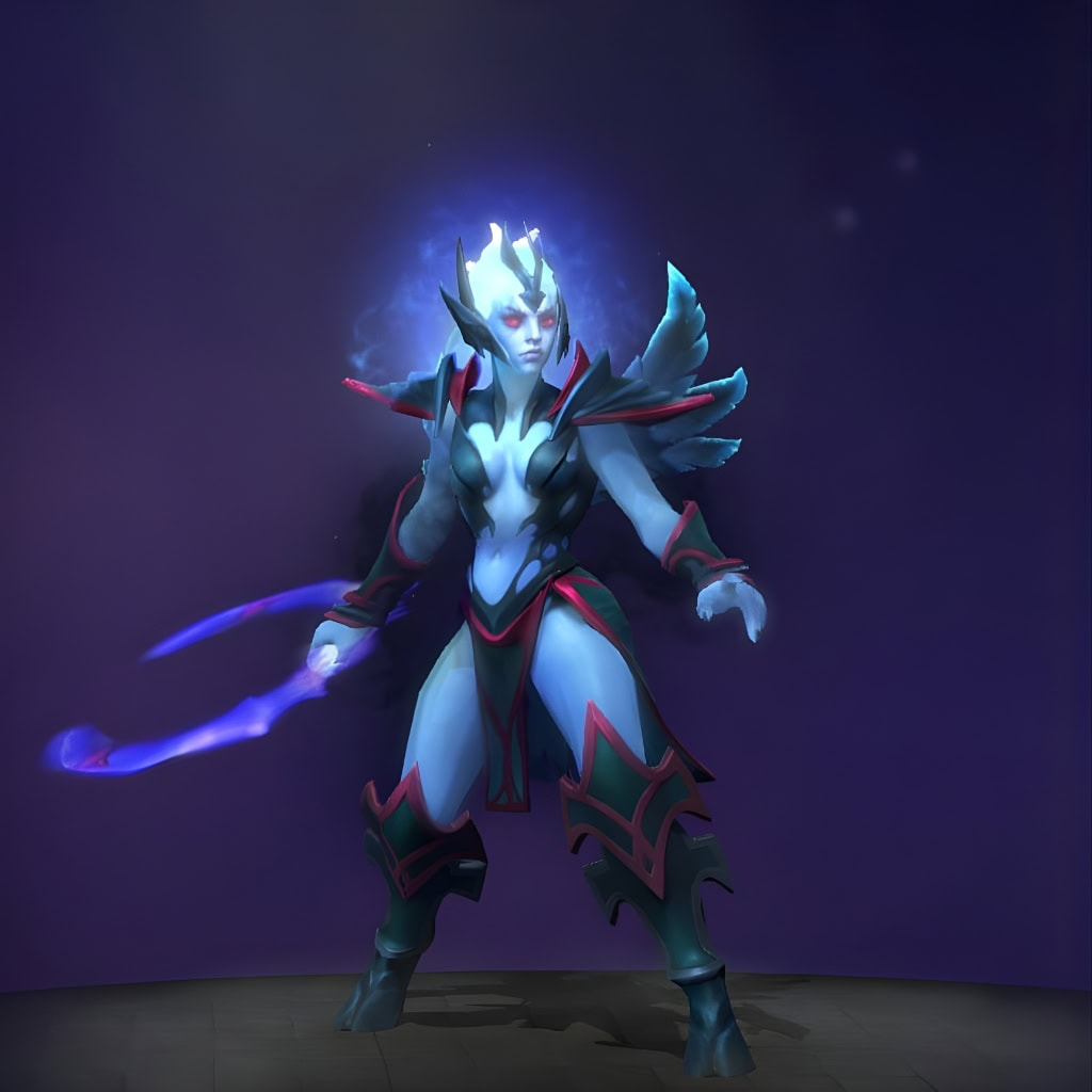 The default skin of Vengeful Spirit, for comparison with the Echoes of the Eyrie set from The International 2015 Collector's Cache. This highlights the transformation into a fierce avian avenger with a spectral flame crest, crimson-tipped armor, and a custom glowing weapon.