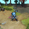 Vengeful Spirit in-game wearing the Echoes of the Eyrie set from The International 2015 Collector's Cache. The brilliant blue spectral flame crest, midnight-blue armor with crimson-tipped protrusions, and custom glowing weapon are clearly visible, creating a stunning impact.
