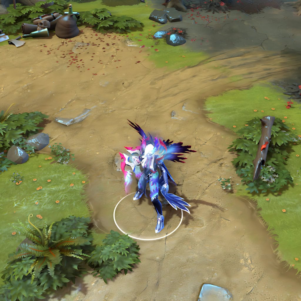 Vengeful Spirit shown in-game wearing the Vision of the Seraph Scion Style 1 (Fallen) set. The dark armor, crimson-pink accents, luminous blue skin, and radiant multi-layered wings are clearly visible, showcasing the set's full impact during gameplay.