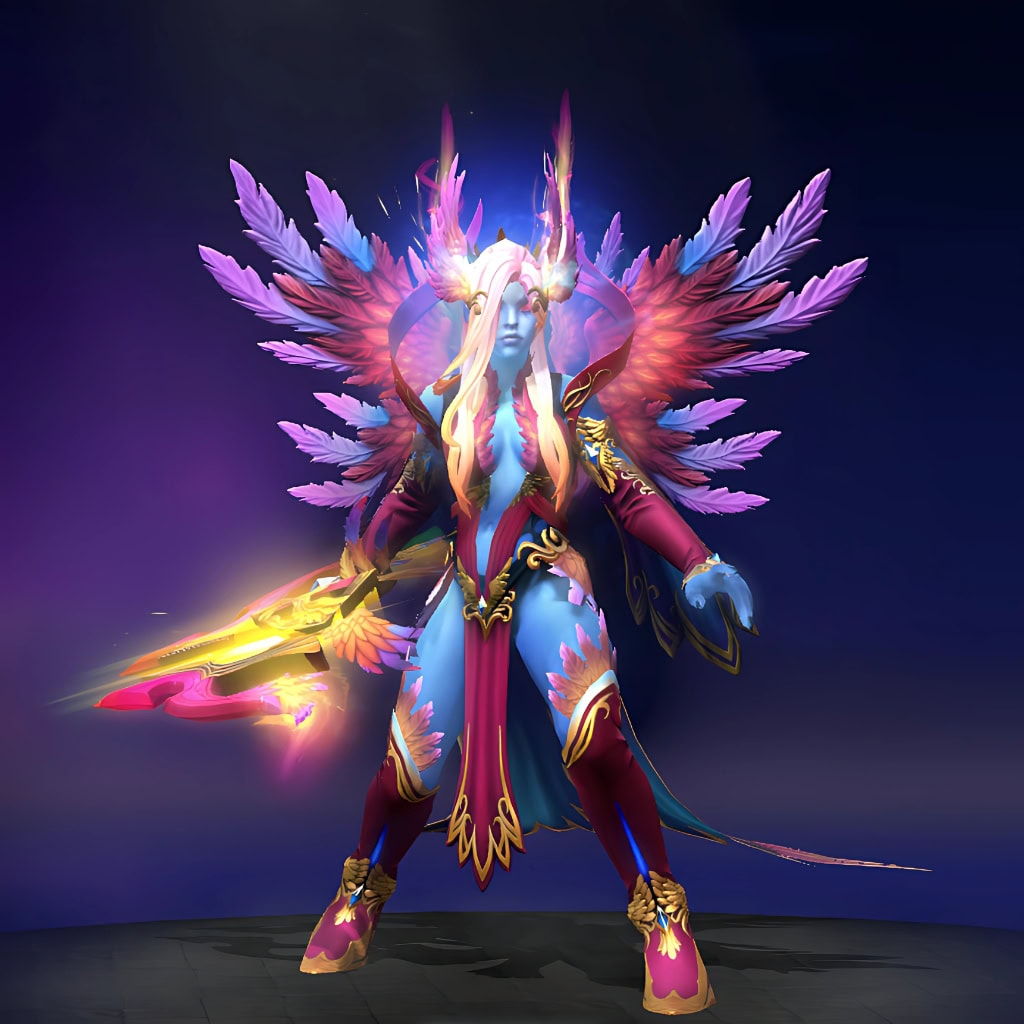 Vengeful Spirit's "Vision of the Seraph Scion Style 3 (Royal)" Nemestice Collector's Cache 2021 set. The final unlockable style bestows the set with rich magenta fabrics, soft pink hair, and radiant multi-layered wings for a truly regal and vibrant look.