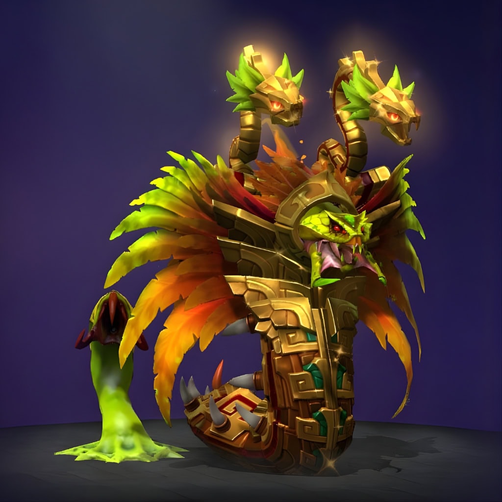 Dota 2 Immortal item, Aktok's Domain, redesigns Venomancer's tail into a glorious, multi-headed serpentine crest with gold plating and vibrant feathers.