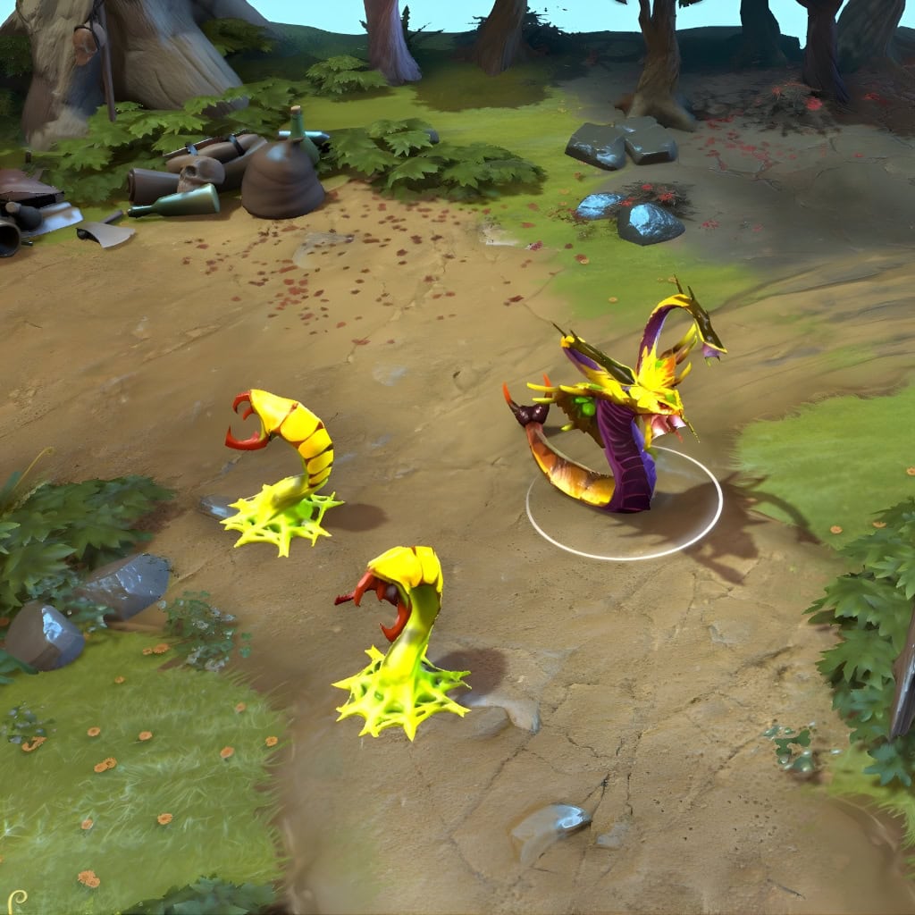 A gameplay screenshot of Venomancer's default model in Dota 2. This serves as a baseline to contrast with the stunning visual overhaul and unique custom Nacreous Stag Wards of the set, which radiate an otherworldly luster and create a beautiful but deadly nest.