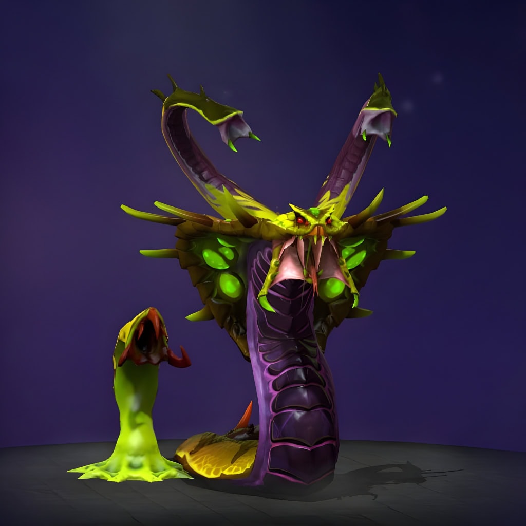 The default skin of Venomancer, shown for comparison with the Verdant Predator set. This highlights the metamorphosis into a botanical nightmare with a multi-headed silhouette, vibrant toxic palette, thorny organic exoskeleton, and bio-luminescent accents, including carnivorous Plague Wards.