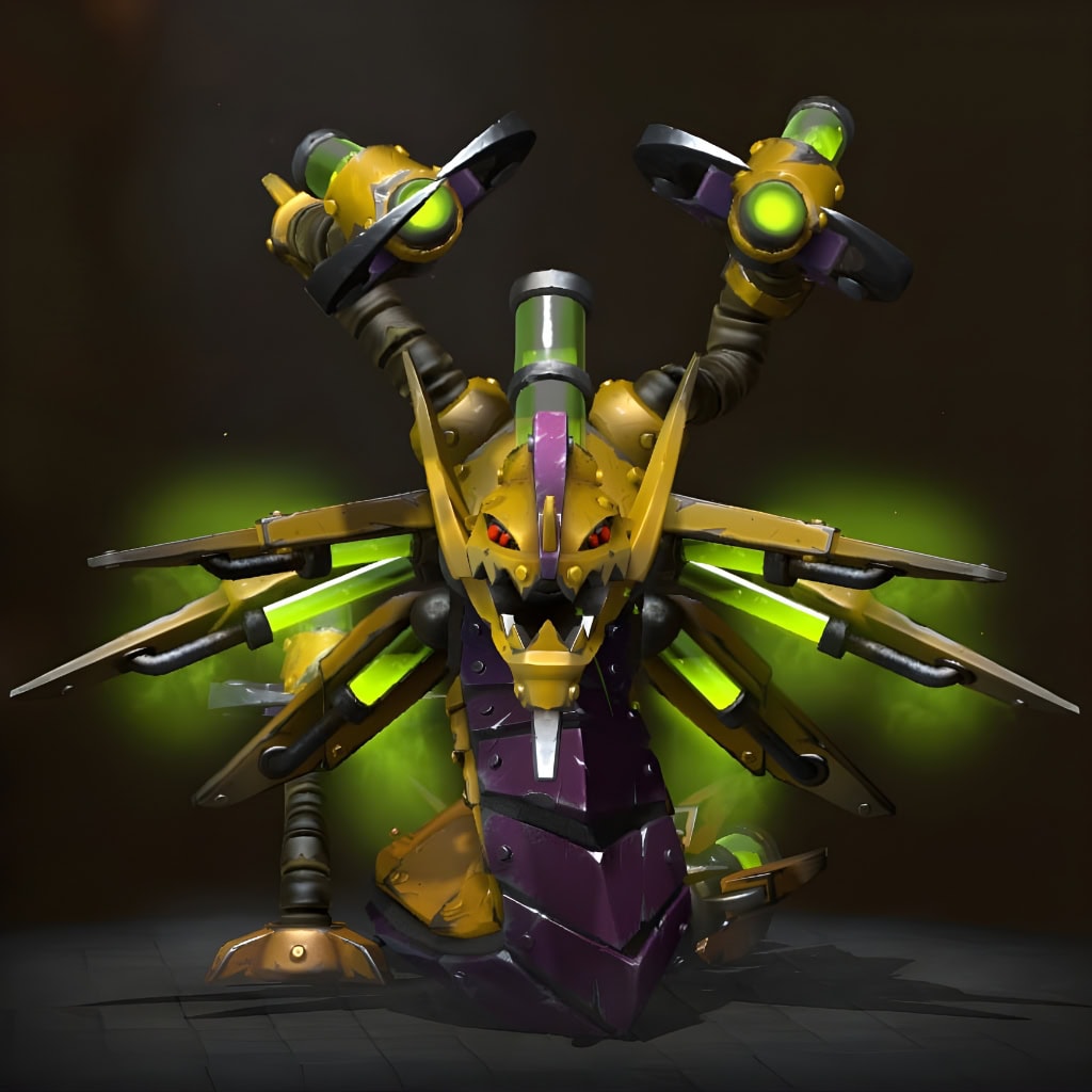 Mechamancer set for Venomancer from the Winter 2024 Heroes Hoard. This Dota 2 skin transforms him into a techno-organic menace with gold and purple mechanical plating, glowing green vials, and a multi-headed robotic design.