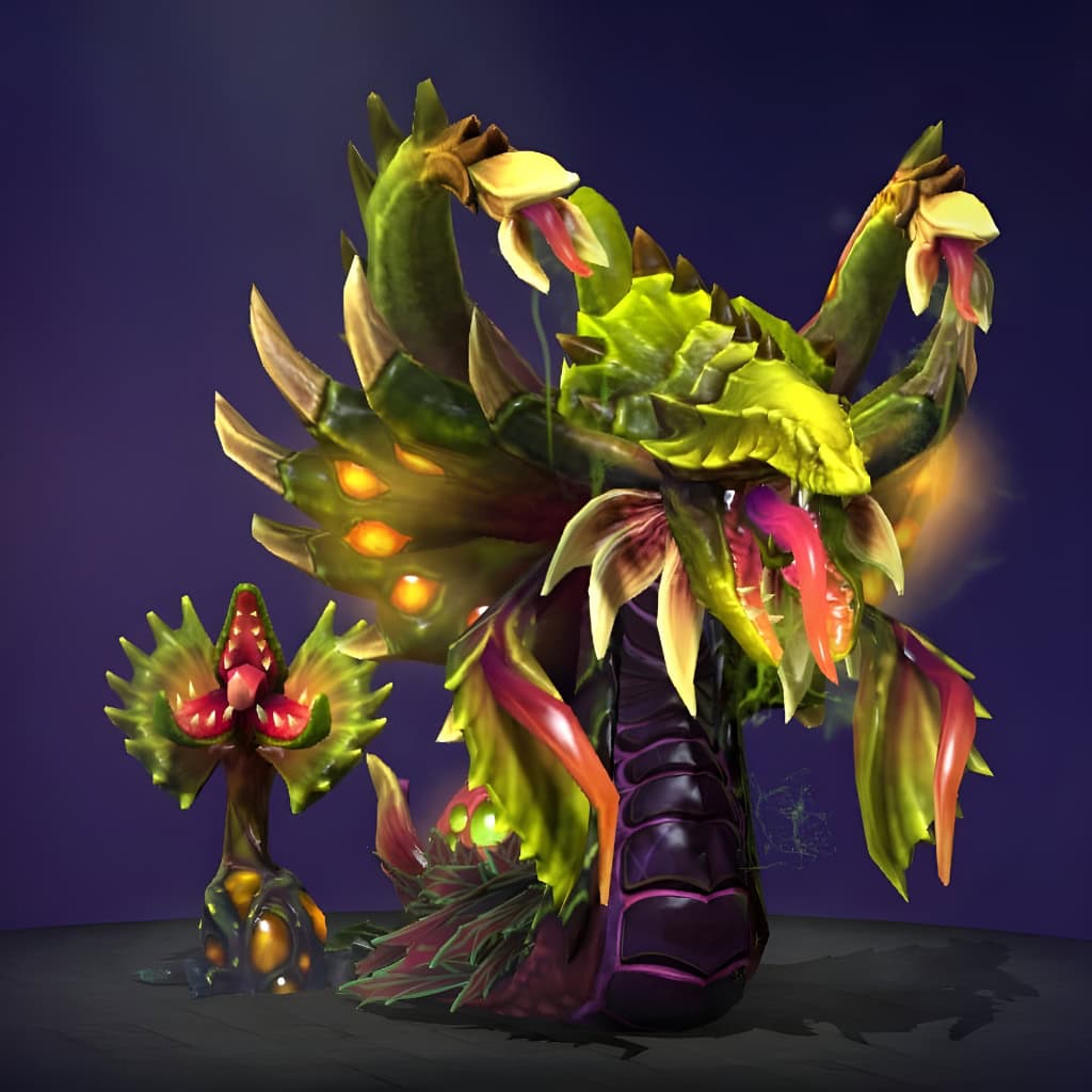 Venomancer's "Verdant Predator" from The International 2019 Collector's Cache 2. This set transforms him into a multi-headed botanical menace with formidable teeth, vibrant, toxic inner maws, and a virulent palette of jungle greens, yellows, pinks, and purples. His thorny, organic exoskeleton and bio-luminescent accents complete the predatory theme.