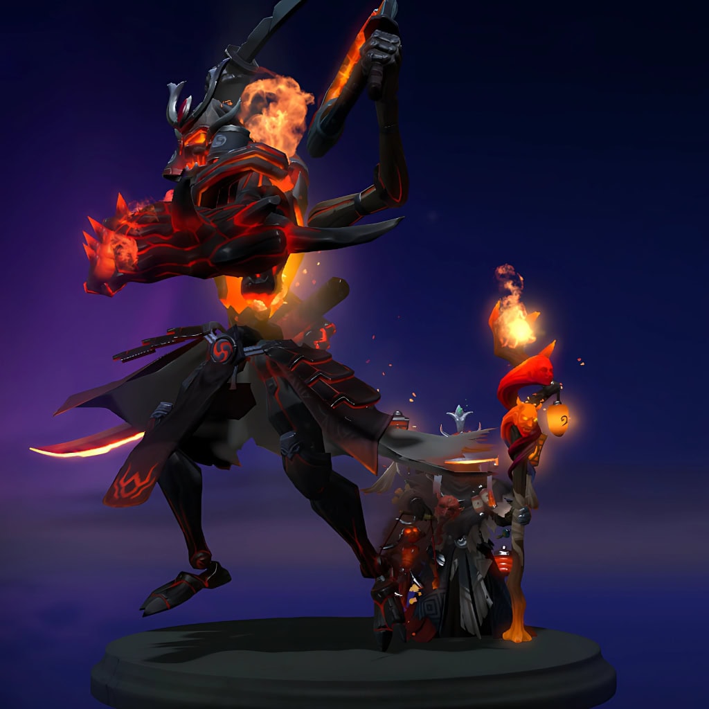 Image of the Beholden of the Banished Ones cosmetic set for Warlock, from The International 10 Collector's Cache in Dota 2, featuring a grim puppet master with an Oni mask, controlling a fiery demonic marionette familiar, and wielding a gnarled staff adorned with soul lanterns and demonic heads.