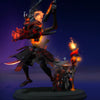 Image of the Beholden of the Banished Ones cosmetic set for Warlock, from The International 10 Collector's Cache in Dota 2, featuring a grim puppet master with an Oni mask, controlling a fiery demonic marionette familiar, and wielding a gnarled staff adorned with soul lanterns and demonic heads.