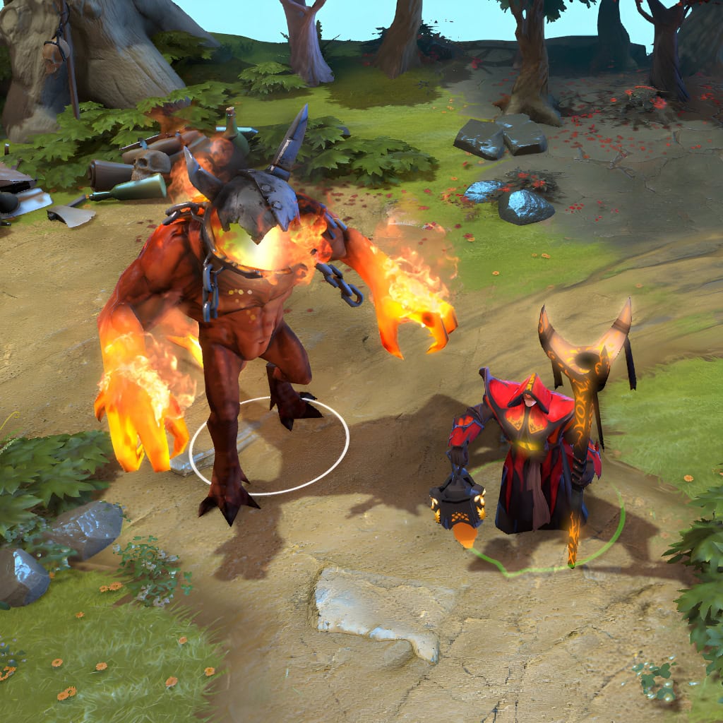 A gameplay screenshot of Warlock's default model in Dota 2. This serves as a baseline to contrast with the menacing aesthetic and the visually dominant, custom Golem from the Dread Compact cosmetic set.