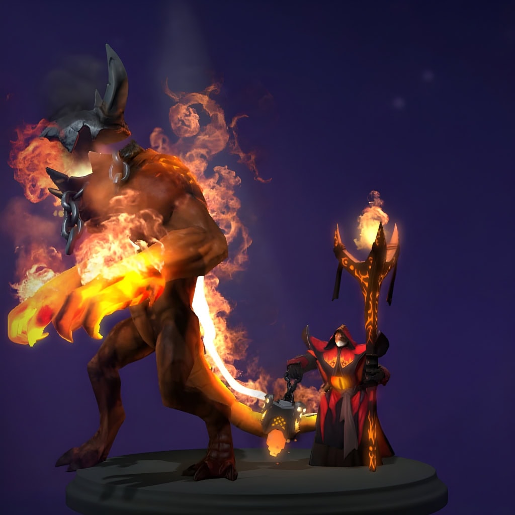 The default skin of Warlock, shown for comparison with the Dread Compact set. This highlights the transformation into a sinister, hooded figure with runic robes and the spectacular custom volcanic Golem.