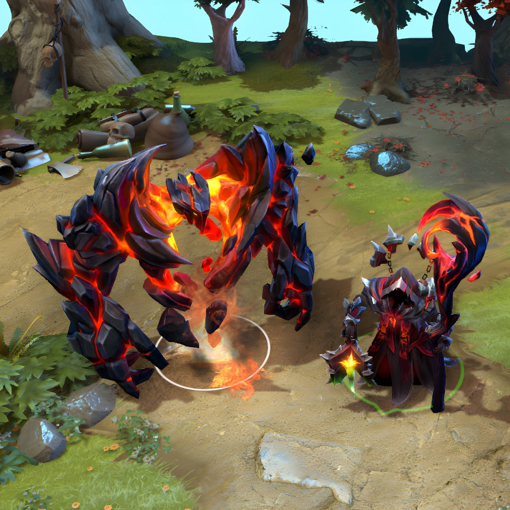 Warlock shown in-game wearing the Dread Compact set. The sinister, hooded robes with glowing fiery runes are clearly visible, but the centerpiece is the colossal volcanic Golem summoned by Chaotic Offering.