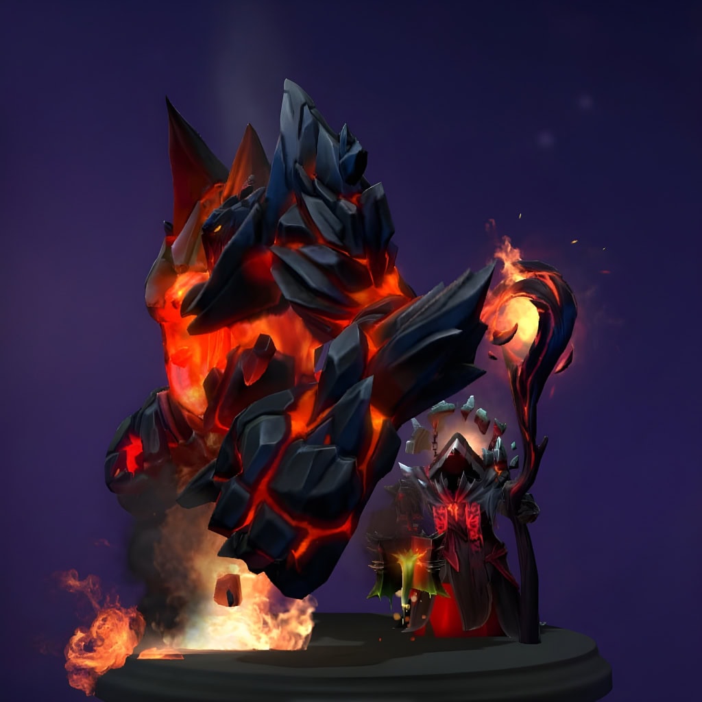 Warlock's "Dread Compact" The International 2018 Collector's Cache set. Reimagines him as a sinister figure in detailed robes etched with fiery demonic runes. Features a deep, ominous hood and includes a custom Golem, a colossal volcanic horror of jagged obsidian and molten magma.