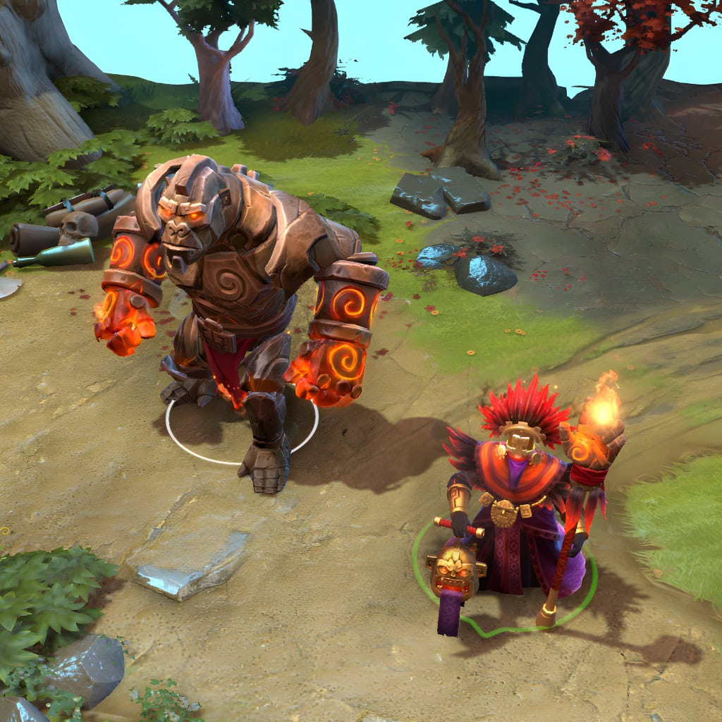 Warlock and his custom Gorilla Golem shown in-game wearing the Tribal Pathways set. Warlock's tribal headdress and ornate robes, alongside the Golem's powerful simian physique, glowing spiral engravings, fiery orange eyes, and superheated fists, are clearly visible, showcasing the set's full impact.
