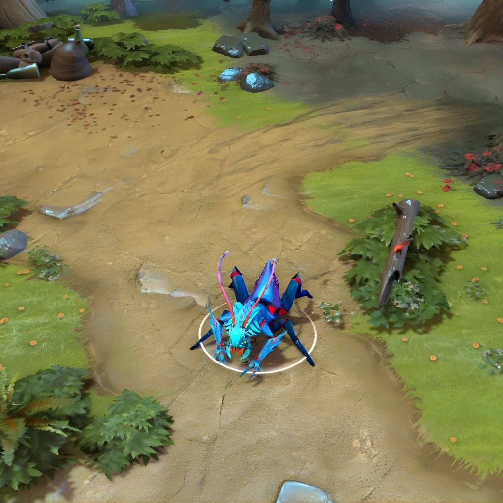 A gameplay screenshot of Weaver's default model in Dota 2. This serves as a baseline to contrast with the stunning, otherworldly details and aggressive silhouette of the Dimension Ripper set, which features a prismatic sheen and crackling neon energy effects.