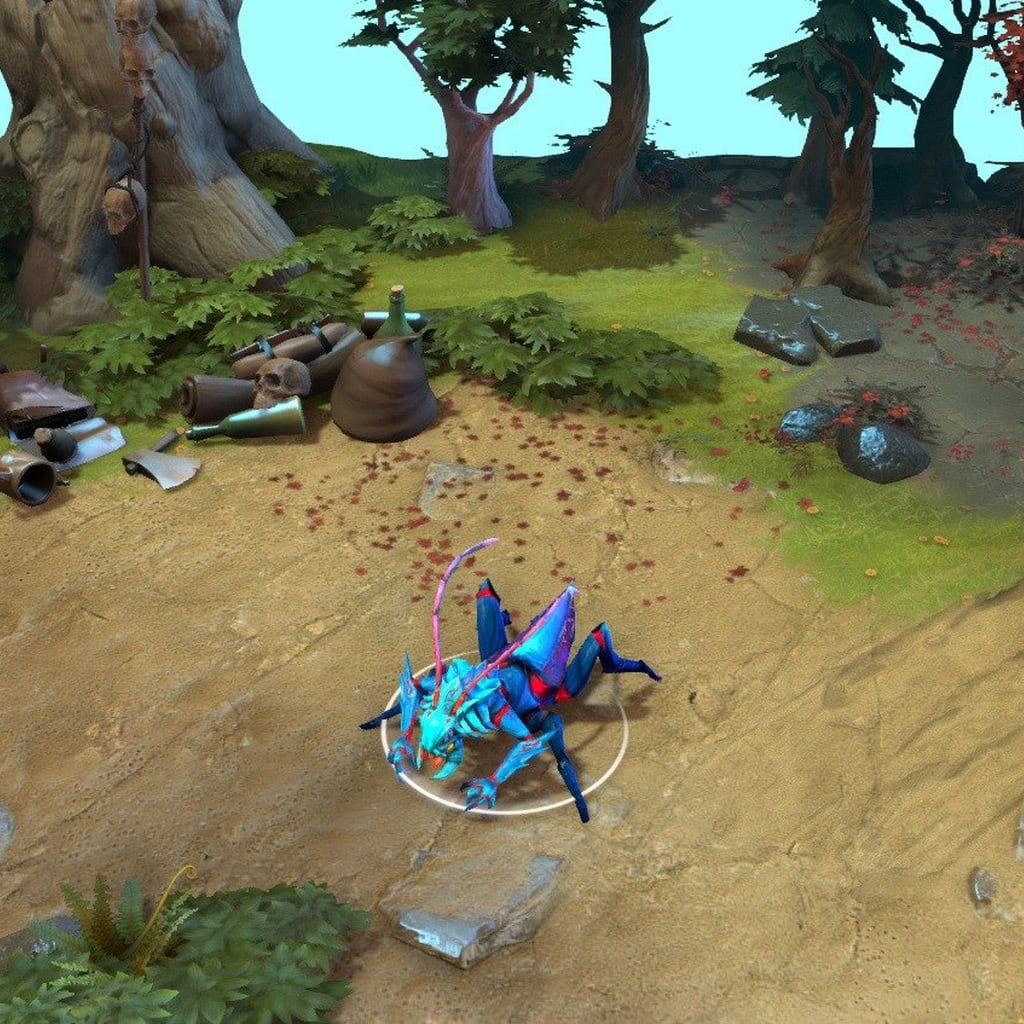 A gameplay screenshot of Weaver's default model in Dota 2. This serves as a baseline to contrast with the aggressive silhouette, vibrant colors, and unique crystalline limbs of the Grasp of the Riven Exile cosmetic set.