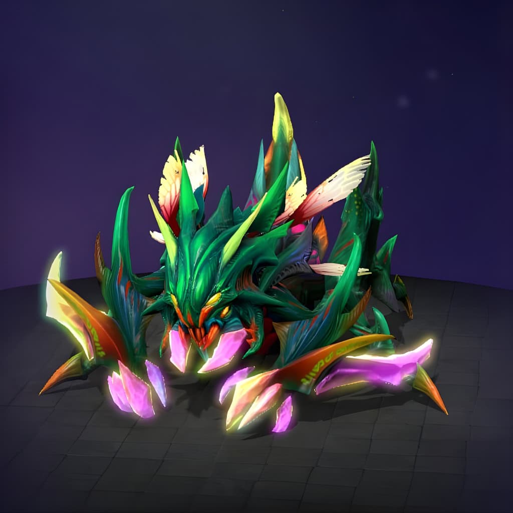 Weaver's "Dimension Ripper" set from the Nemestice 2021 Themed Treasure. This set offers a complete visual overhaul, reimagining Weaver with a jagged, emerald-green crystalline carapace, a prismatic sheen across wings and limbs, crackling neon pink and cyan energy on forelimbs and mandibles, and a menacing new head with sharp crystal fangs and piercing orange eyes.