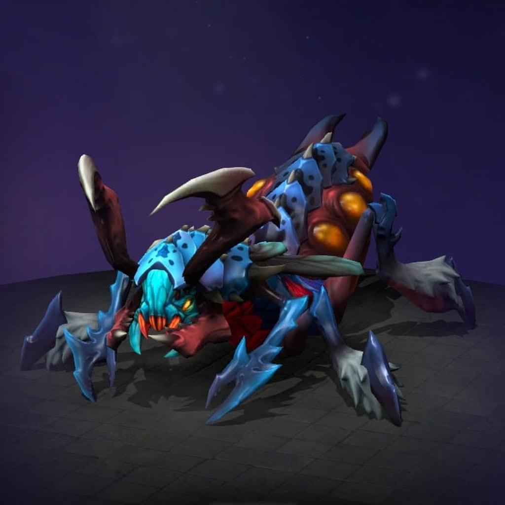 Weaver's "Grasp of the Riven Exile" The International 2018 Collector's Cache set. Transforms him into an otherworldly hunter with a stunning carapace of cobalt blue and crimson red chitin. Features wickedly sharp blades, glowing yellow bio-luminescent sacks, and feathery crystalline appendages.