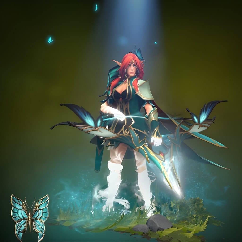 Fluttering Breeze Arcana Bundle for Windranger from the Winter 2024 Heroes Hoard. This Dota 2 skin includes the Compass of the Rising Gale Arcana, dark teal armor, a crystalline bow, and swirling mist effects.