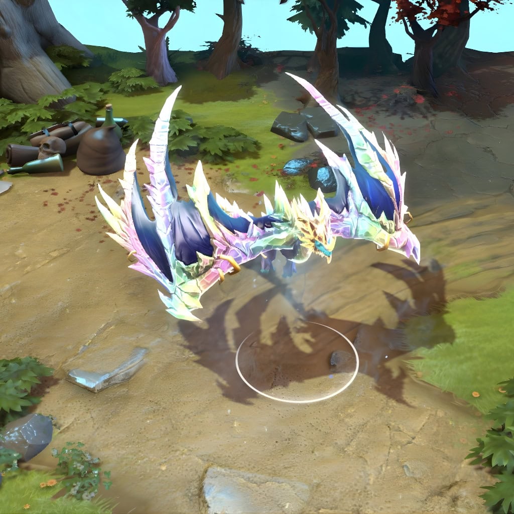 Winter Wyvern shown in-game wearing the Aurora's Pyre set. Her iridescent crystalline form, ethereal pink and green particle aura, altered silhouette, and regal golden wing accents are clearly visible, ensuring a formidable and memorable presence in every match.