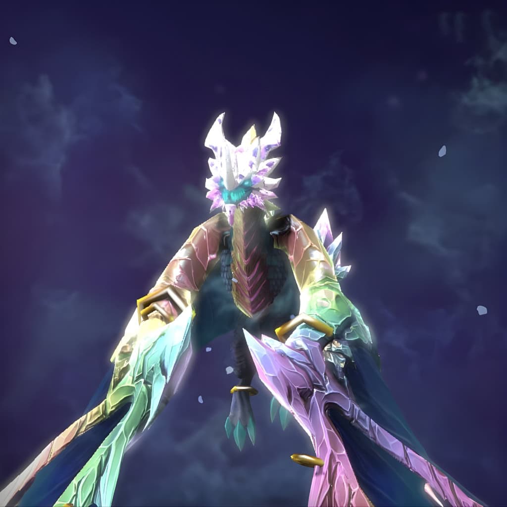 Winter Wyvern's "Aurora's Pyre" set from the Nemestice 2021 Themed Treasure. This skin completely reimagines her form with jagged, iridescent crystals in pastel green, soft violet, and cool blue. Features an ethereal particle aura of pink and green mist, a redesigned head, wings, and tail, and regal golden accents.