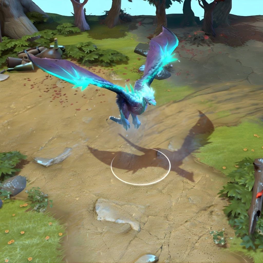 A gameplay screenshot of Winter Wyvern's default model in Dota 2. This serves as a baseline to contrast with the stunning in-game presence and altered silhouette of the Aurora's Pyre set, which features glowing crystals and a mystical particle trail.