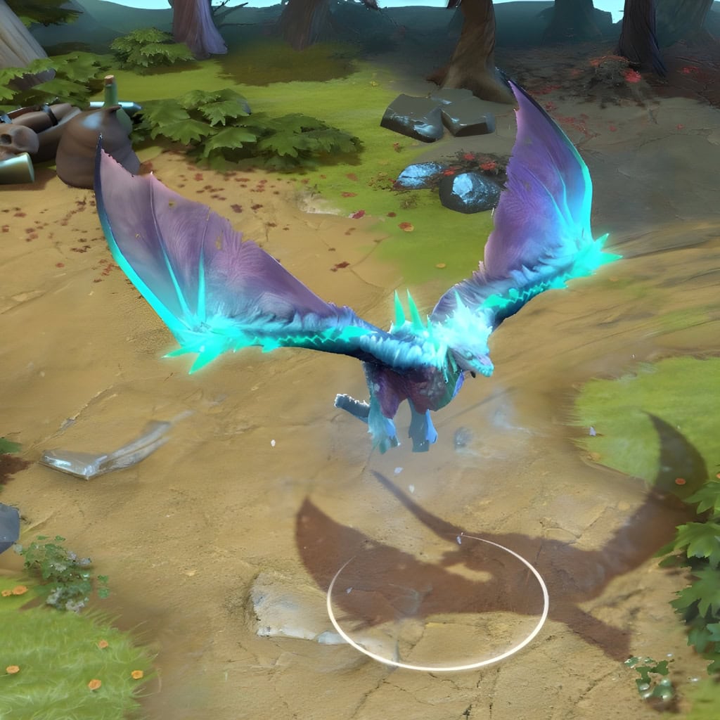 A gameplay screenshot of Winter Wyvern's default model in Dota 2. This serves as a baseline to contrast with the formidable silhouette and enhanced visuals of the rare Iceburnt Elegy set from The International 2016 Collector's Cache.