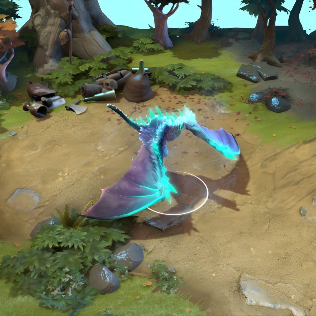 A gameplay screenshot of Winter Wyvern's default model in Dota 2. This serves as a baseline to contrast with the captivating visual and unique gliding motion provided by the ethereal deep-ocean guardian theme and flowing fin-wings of the Secrets of the Katekhein set.