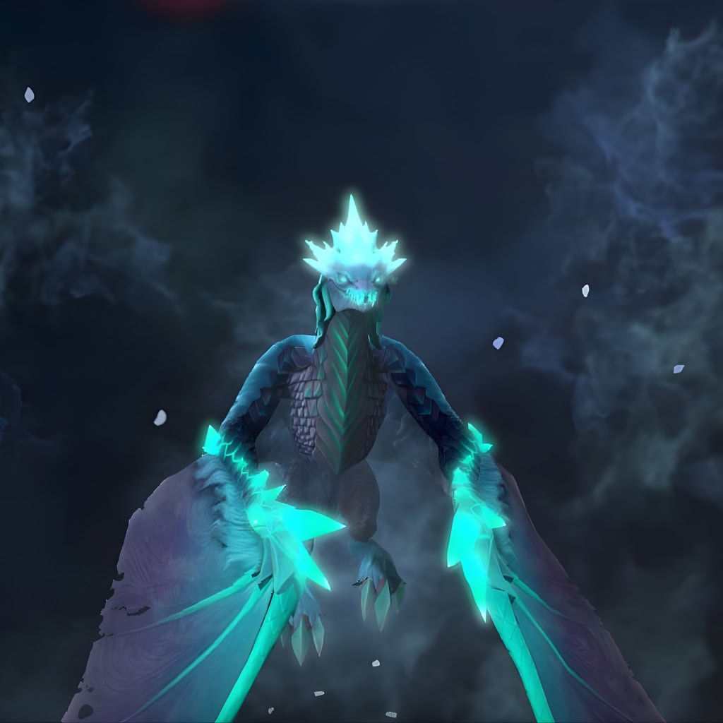 The default skin of Winter Wyvern, shown for comparison with the Secrets of the Katekhein set. This highlights the complete model overhaul, transforming her icy form into a majestic aquatic dragon with glowing teal bioluminescent fins.