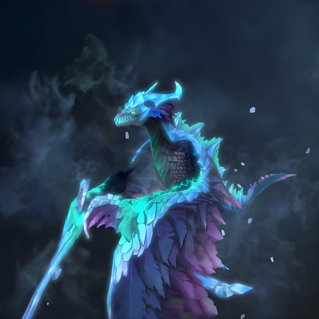 Winter Wyvern's "Iceburnt Elegy" The International 2016 Collector's Cache set. This complete model overhaul features a fierce, crystalline head and sharp, glacial back spikes. Her wings are a fusion of plumage and prismatic shards, glowing in a cyan to magenta gradient.