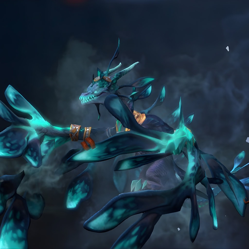 Winter Wyvern's "Secrets of the Katekhein" Mythical set from The International 2017 Collector's Cache. This skin reimagines her as an ethereal deep-ocean guardian, a majestic aquatic dragon with a stunning palette of dark marine blues and vibrant, glowing teal, bioluminescent fins, and regal gold accents. She is shown in flight against a dark, smoky background.
