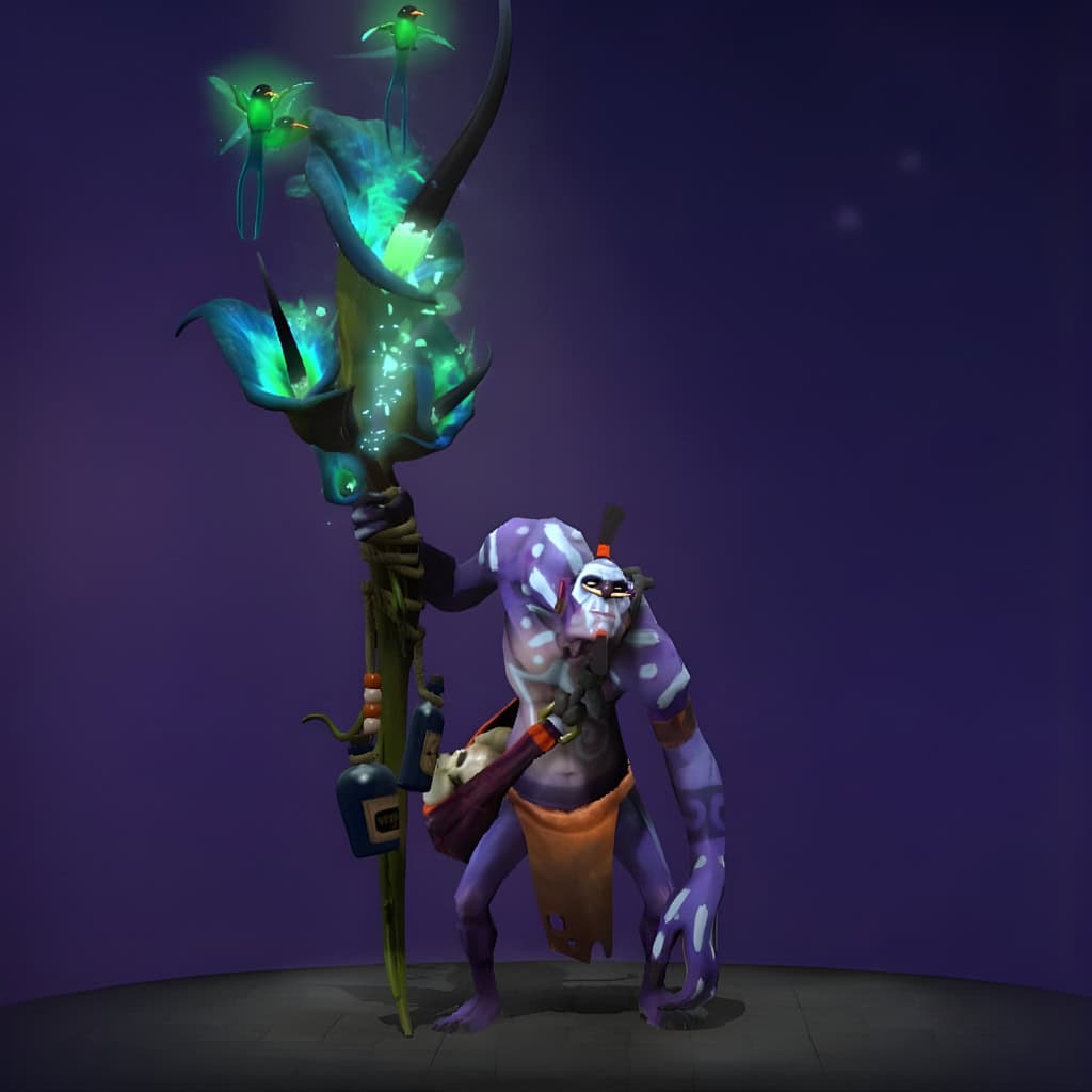 Dota 2 Immortal item, Awaleb's Trundleweed, is a staff for Witch Docto, a twisted branch with glowing turquoise and blue flora.