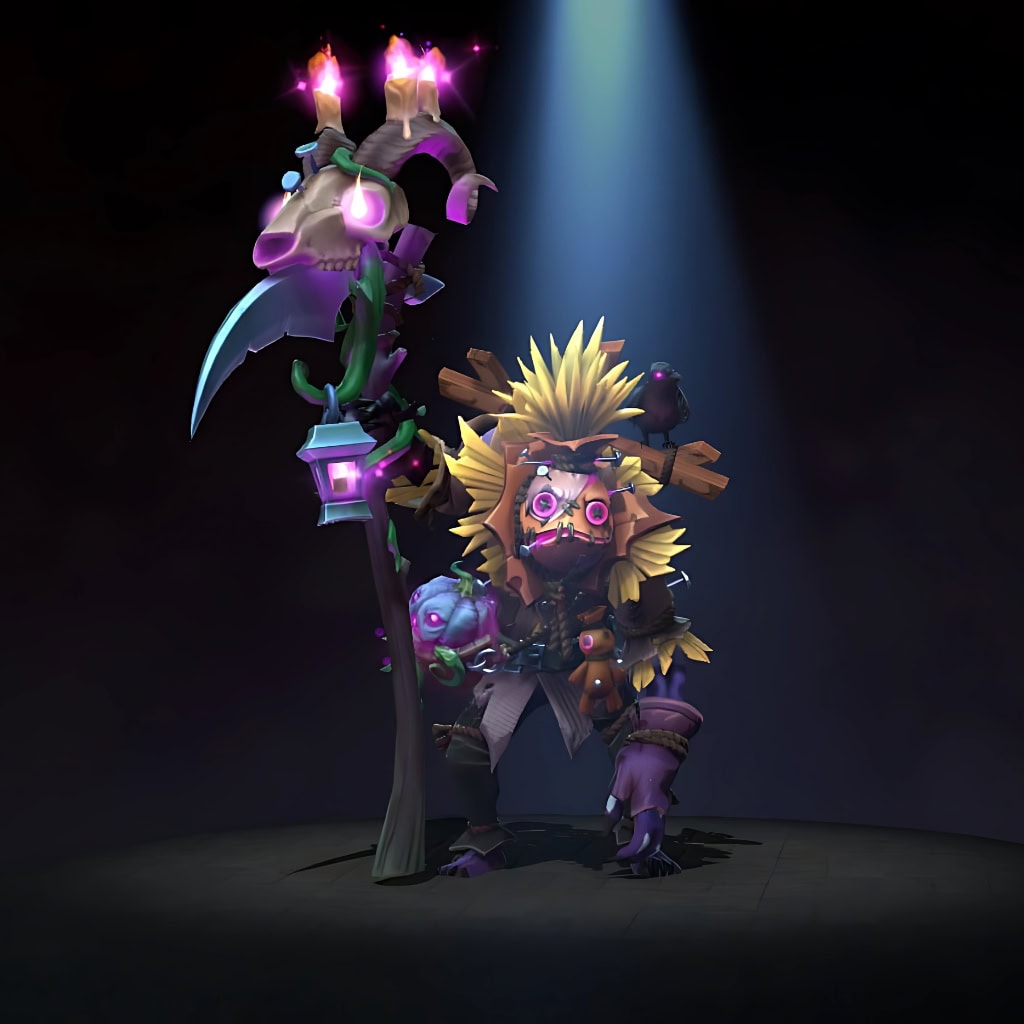 Witch Doctor's "Deathstitch Shaman" Diretide 2022 Collector's Cache set. Transforms Zharvakko into a terrifying scarecrow pieced from stitched burlap and cursed trinkets, featuring a haunting mask with glowing pink-lensed eyes, a staff topped with a skull and glowing candles, and a custom Death Ward ultimate.