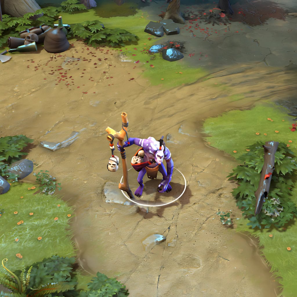 A gameplay screenshot of Witch Doctor's default model in Dota 2. This serves as a baseline to contrast with the unique and mesmerizing presence, custom Death Ward effects, and visually rewarding spectacle of the Footfalls of the Sporefathers cosmetic set.