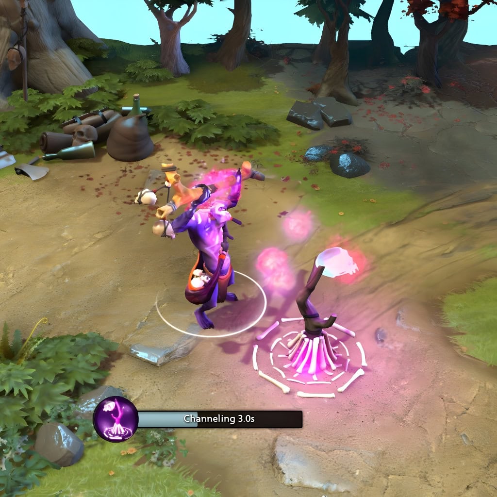 A gameplay screenshot of Witch Doctor's default model in Dota 2. This serves as a baseline to contrast with the unique fungal aesthetic and custom mushroom Death Ward of the Morbific Provision cosmetic set.