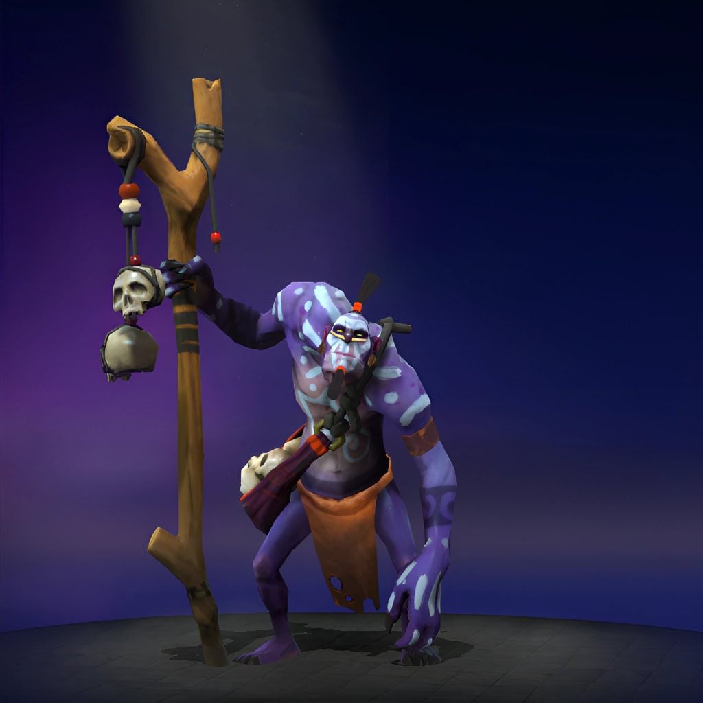 The default skin of Witch Doctor, shown for comparison with the Morbific Provision set. This highlights the transformation into a pipe-smoking, fungi-themed hermit with a mushroom staff and a custom sentient mushroom Death Ward.