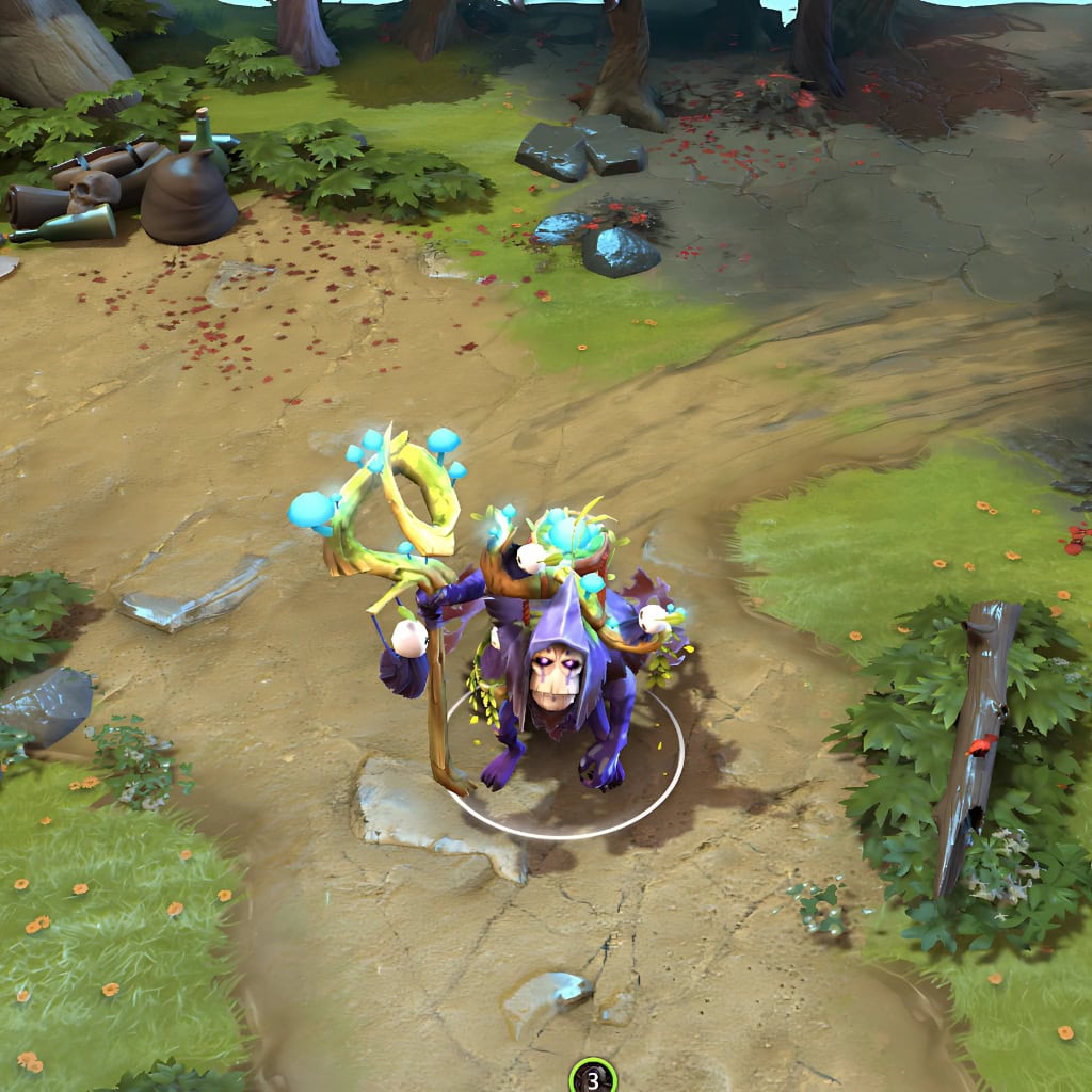 Witch Doctor shown in-game wearing the Footfalls of the Sporefathers set. The glowing blue mushrooms, spirit companions, tattered purple robes, and solemn wooden mask are clearly visible, showcasing the set's full deep-forest mystic impact.