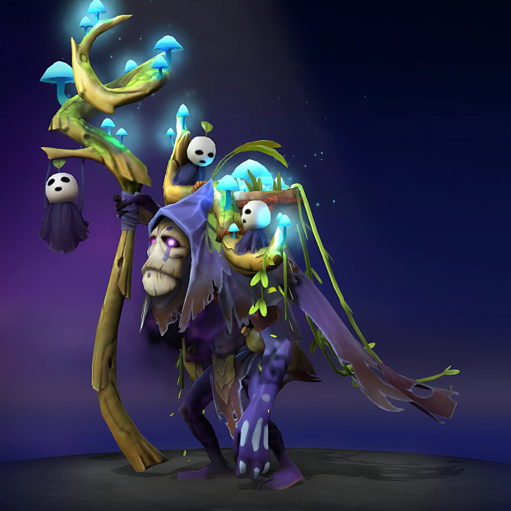 Witch Doctor's "Footfalls of the Sporefathers" Nemestice Collector's Cache 2021 set. This deep-forest mystic set features tattered purple robes, a solemn wooden mask, a living ecosystem of glowing blue mushrooms, and curious spirit companions.