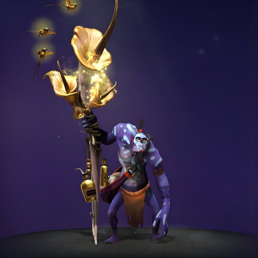 Dota 2 Immortal item, Golden Awaleb's Trundleweed, is a golden staff for Witch Doctor with luminous calla lilies and golden hummingbirds.