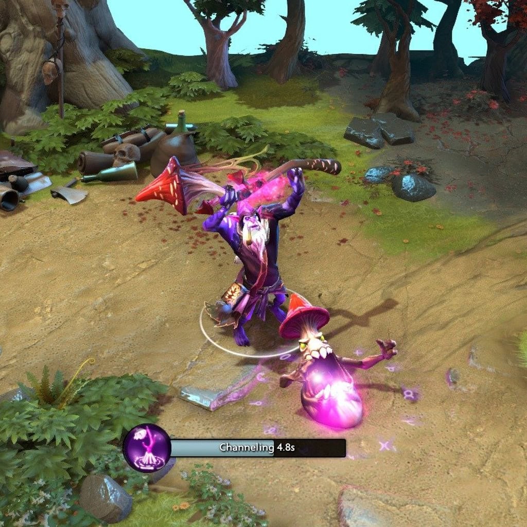 Witch Doctor shown in-game wearing the Morbific Provision set. The fungi-themed hermit appearance and mushroom-topped staff are clearly visible, complementing the massive, terrifying, sentient mushroom Death Ward summoned by his ultimate.