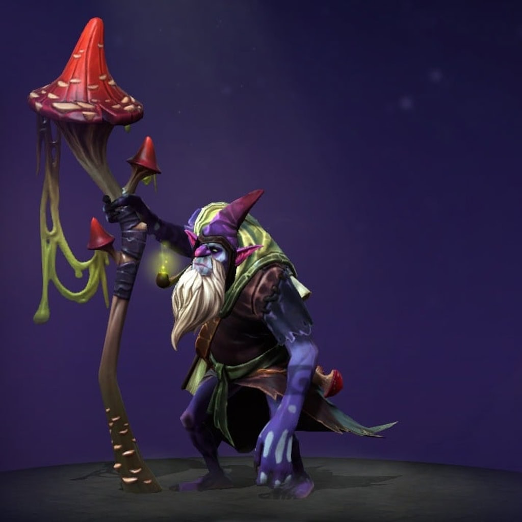 Witch Doctor's "Morbific Provision" The International 2018 Collector's Cache set. Transforms him into a pipe-smoking, fungi-themed hermit with a long white beard and purple skin. Wields a gnarled staff topped by a massive red mushroom and summons a custom, sentient mushroom Death Ward.