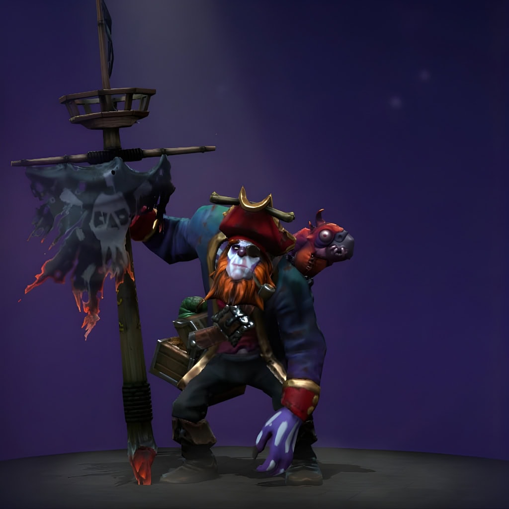 Witch Doctor's "Spoils of the Vodou Rover" Mythical set from The International 2017 Collector's Cache. This rare set reimagines him as a ghoulish pirate captain, featuring a cursed ship's mast weapon, a skeletal parrot familiar, a worn tricorne hat, and ghoulish face paint. He is posed holding the mast against a dark background.