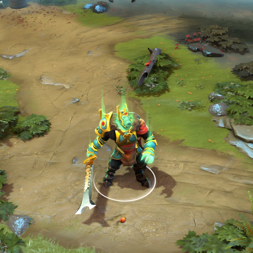 A gameplay screenshot of Wraith King's default model in Dota 2. This serves as a baseline to contrast with the enhanced in-game visuals, striking green and gold aesthetic, and impactful spectral particle effects of the Grim Destiny cosmetic set.