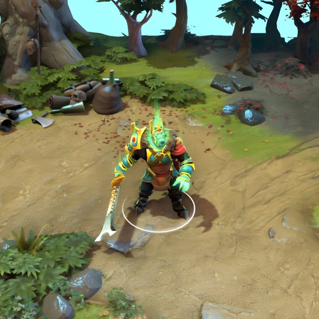 A gameplay screenshot of Wraith King's default model in Dota 2. This serves as a baseline to contrast with the menacing silhouette, unique armor combination, and spectral green aura of the Stonemarch Sovereign cosmetic set.