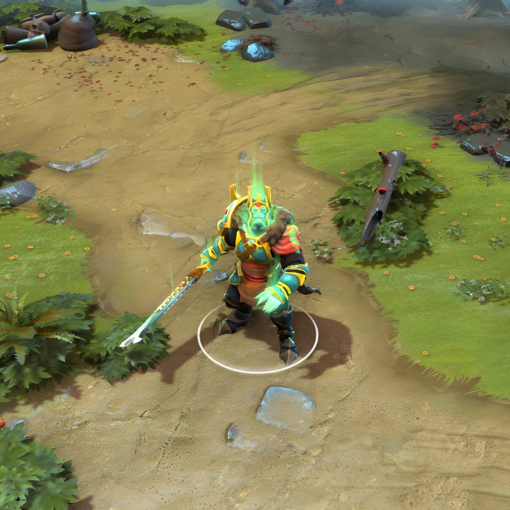 A gameplay screenshot of Wraith King's default model in Dota 2. This serves as a baseline to contrast with the dark majesty, tyrannical power, and unique ethereal green glows of the Tyrant of the Veil cosmetic set, featuring a formidable horned helm and an imposing, blood-red blade.