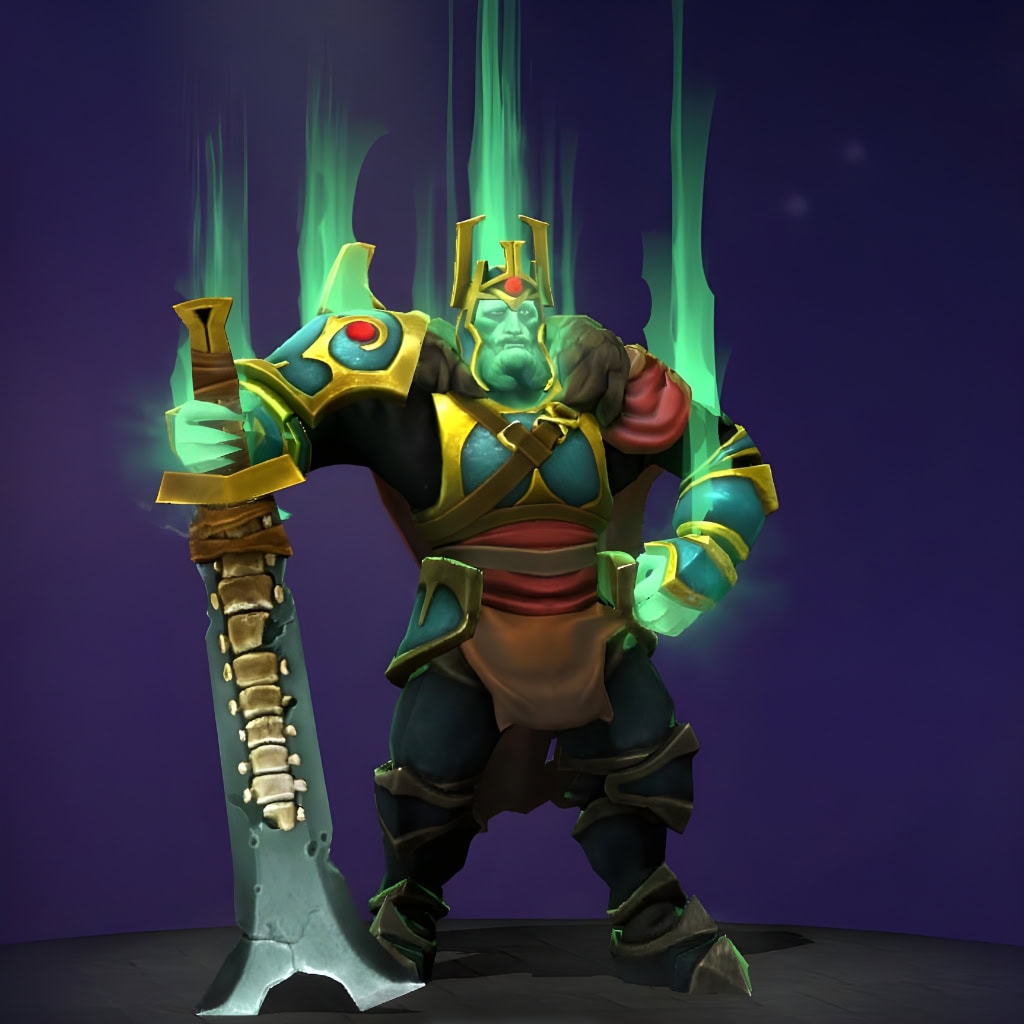 The default skin of Wraith King, shown for comparison with the Grim Destiny set. This highlights the transformation into a formidable king with eerie green and ebon grandeur, burnished gold accents, a spiked crown, jagged armor, and a glowing green sword.