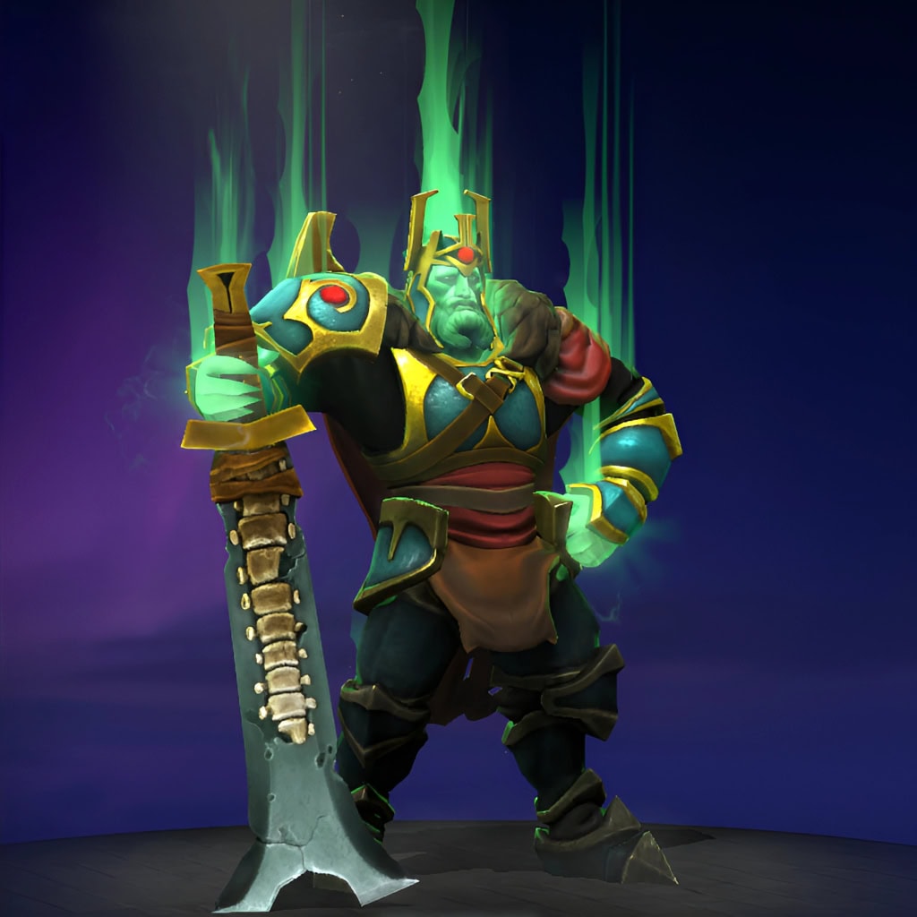 The default skin of Wraith King, shown for comparison with the Tyrant of the Veil set. This highlights the dramatic transformation into a dark sovereign, emphasizing the dark jade and gold armor, ethereal green glow, formidable horned helm, and massive crimson-edged blade of this exclusive Summer 2023 Collector's Cache skin.