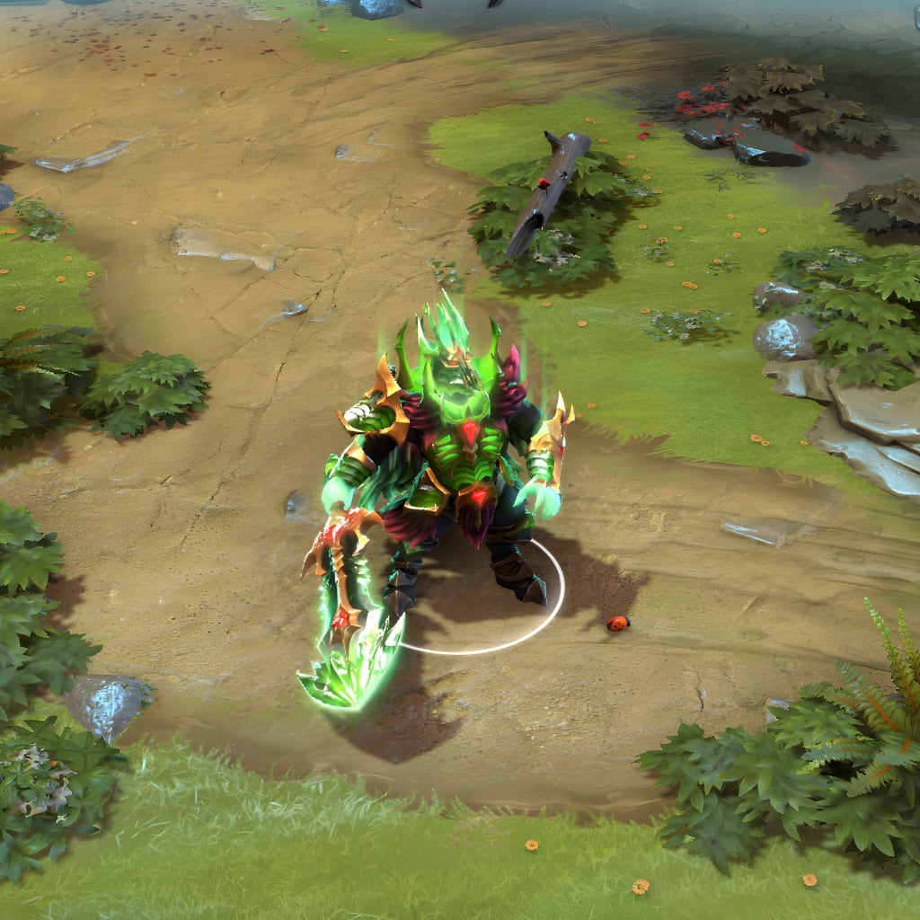 Wraith King shown in-game wearing the Grim Destiny set. The imposing spiked crown, jagged armor, tattered cape, and fearsome sword crackling with vibrant glowing green energy and a crimson gem are clearly visible, showcasing the set's full impact.
