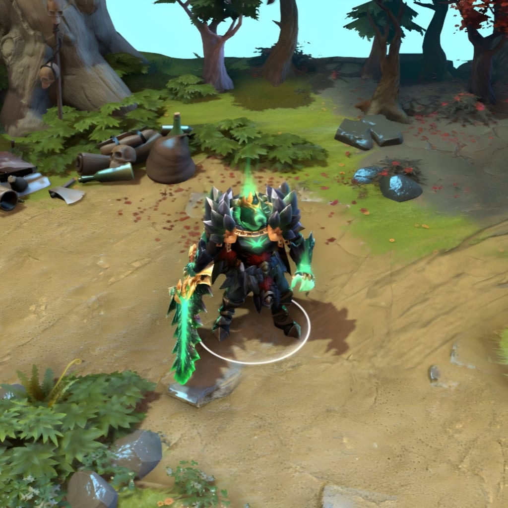 Wraith King shown in-game wearing the Stonemarch Sovereign set. The jagged obsidian plates, crimson under-armor, and massive bone greatsword are clearly visible, while the brilliant green spectral energy creates an intimidating and powerful aura.