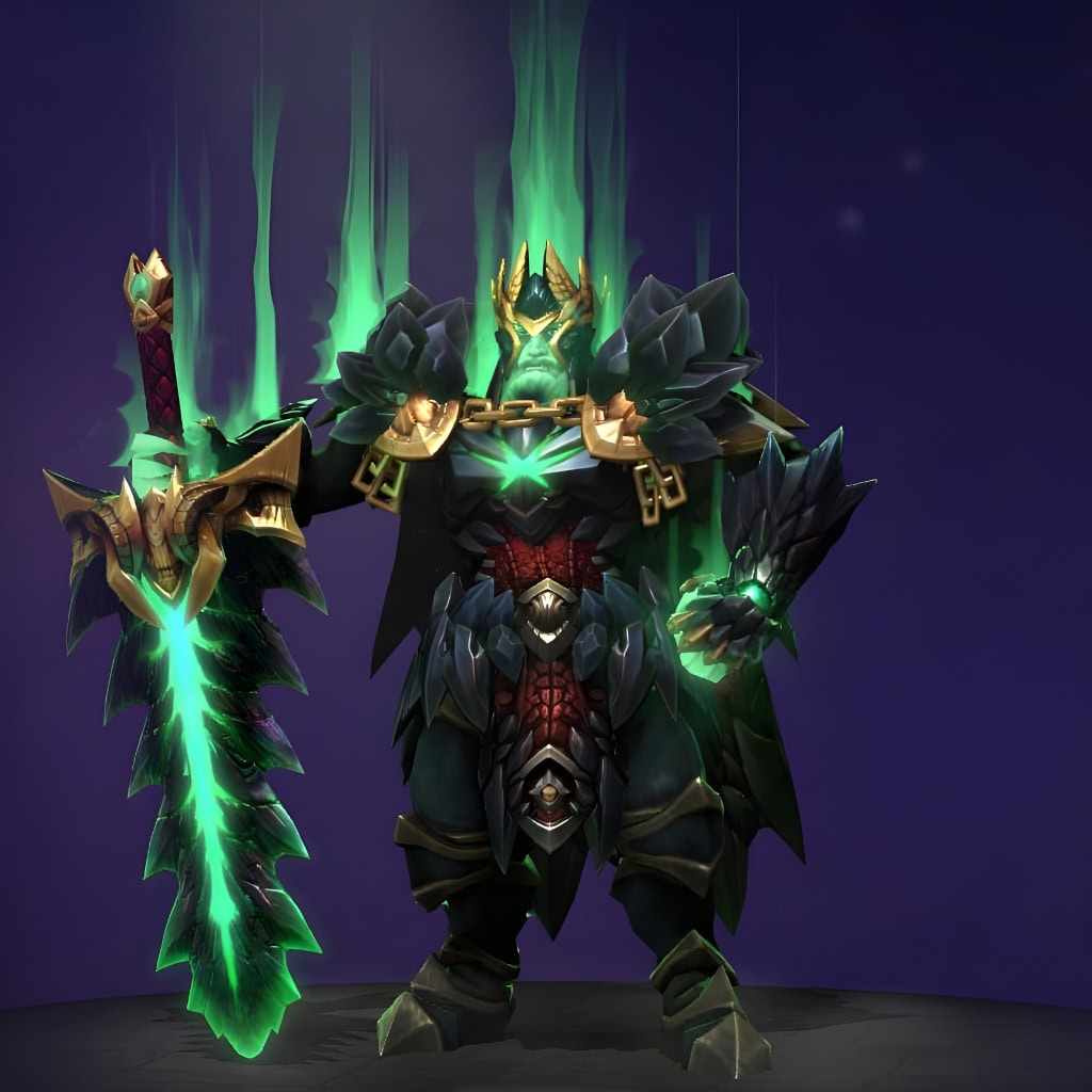 Wraith King's "Stonemarch Sovereign" The International 2018 Collector's Cache set. A spectral conqueror look with jagged obsidian plates and crimson scaled under-armor. Brilliant green spectral energy billows from his jagged crown, pauldrons, and massive bone greatsword, creating a menacing silhouette.