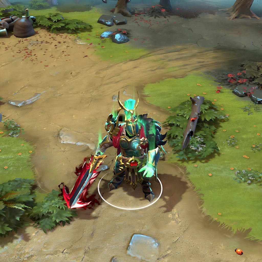 Wraith King shown in-game wearing the Tyrant of the Veil set. The dark jade and burnished gold armor, formidable horned helm, malevolent ethereal green glow, majestic cape, and his imposing crimson-edged sword crackling with blood-red energy are clearly visible, showcasing the set's full impact during a Dota 2 match.
